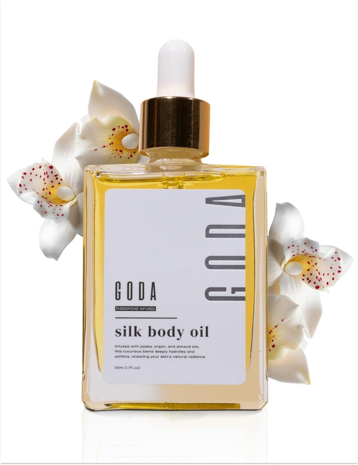 GODA Silk Body Oil bottle with orchids