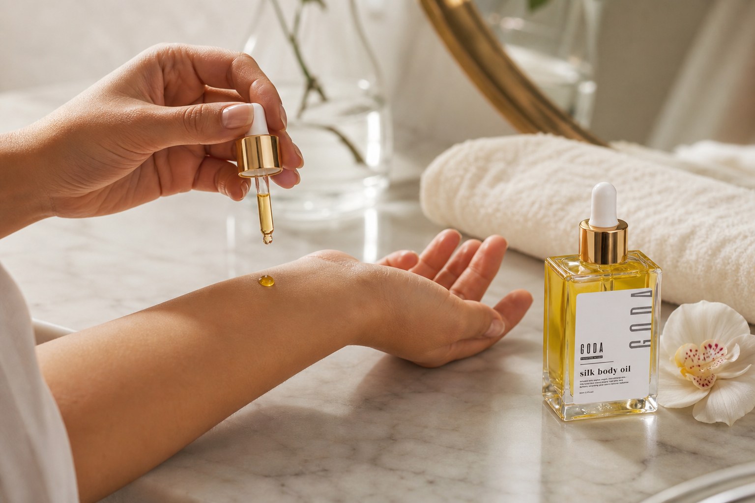 Applying GODA Silk Body Oil to the forearm in a spa bathroom