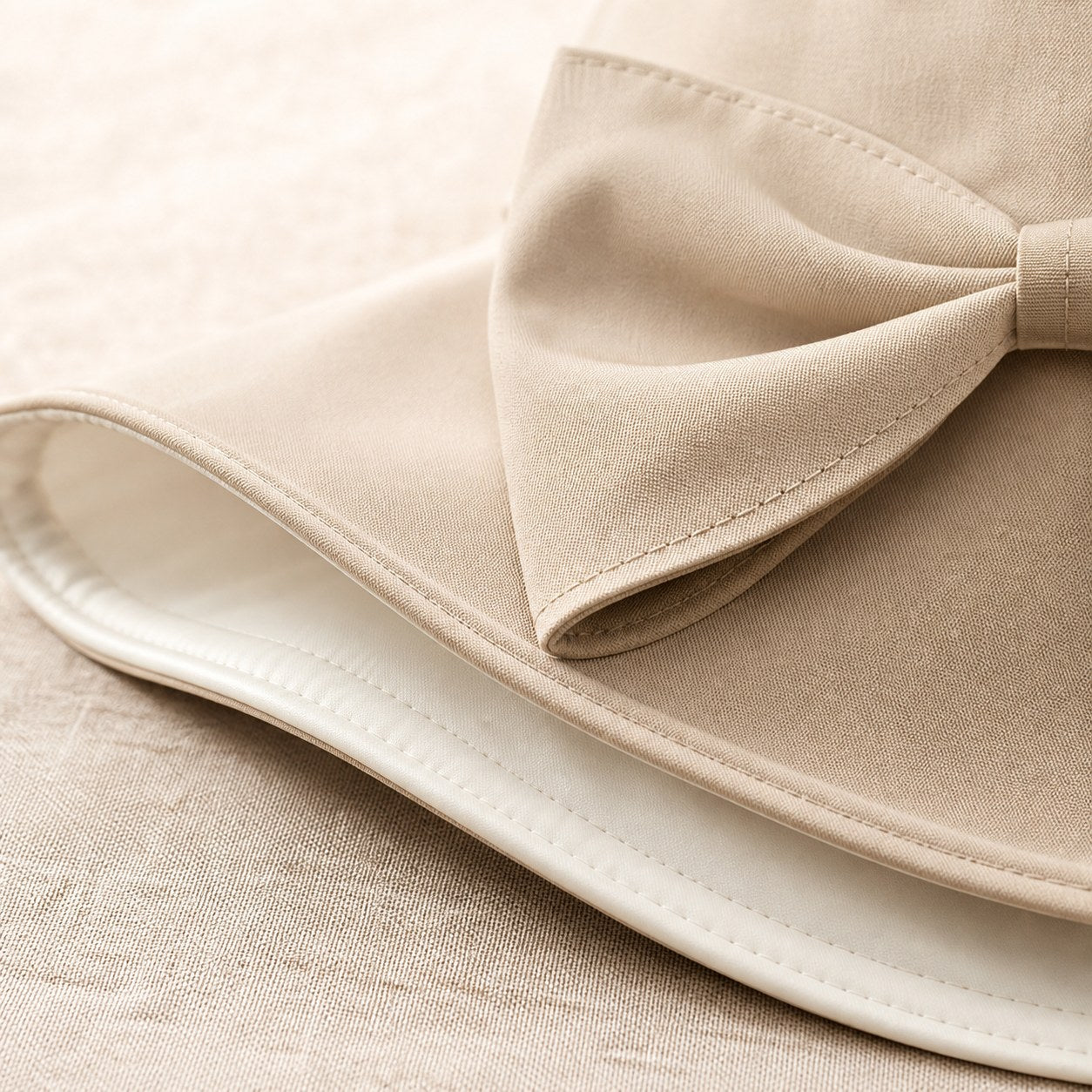 Close-up of beige bow sun hat fabric and stitching