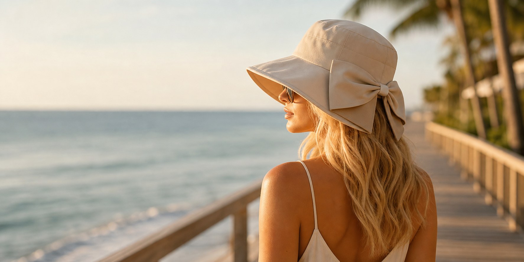 Woman wearing a beige foldable wide brim bow sun hat on a seaside boardwalk
