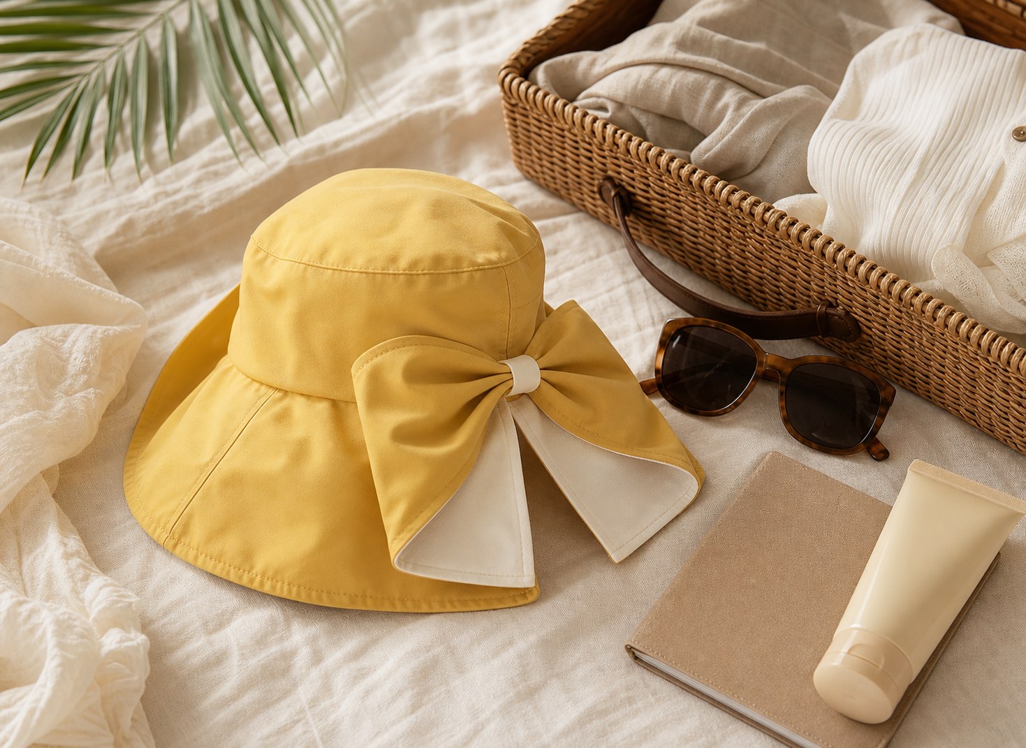 Yellow foldable bow sun hat packed with summer travel accessories