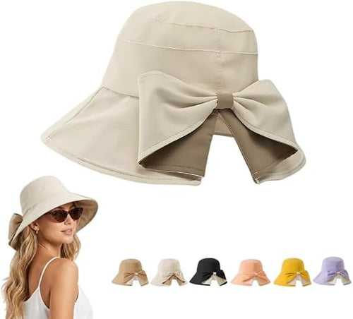 Soft beige foldable wide brim bow sun hat