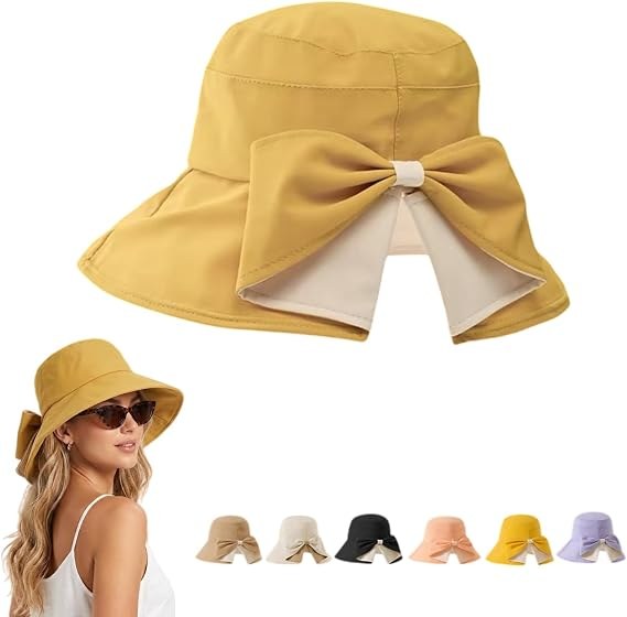 Golden yellow foldable wide brim bow sun hat