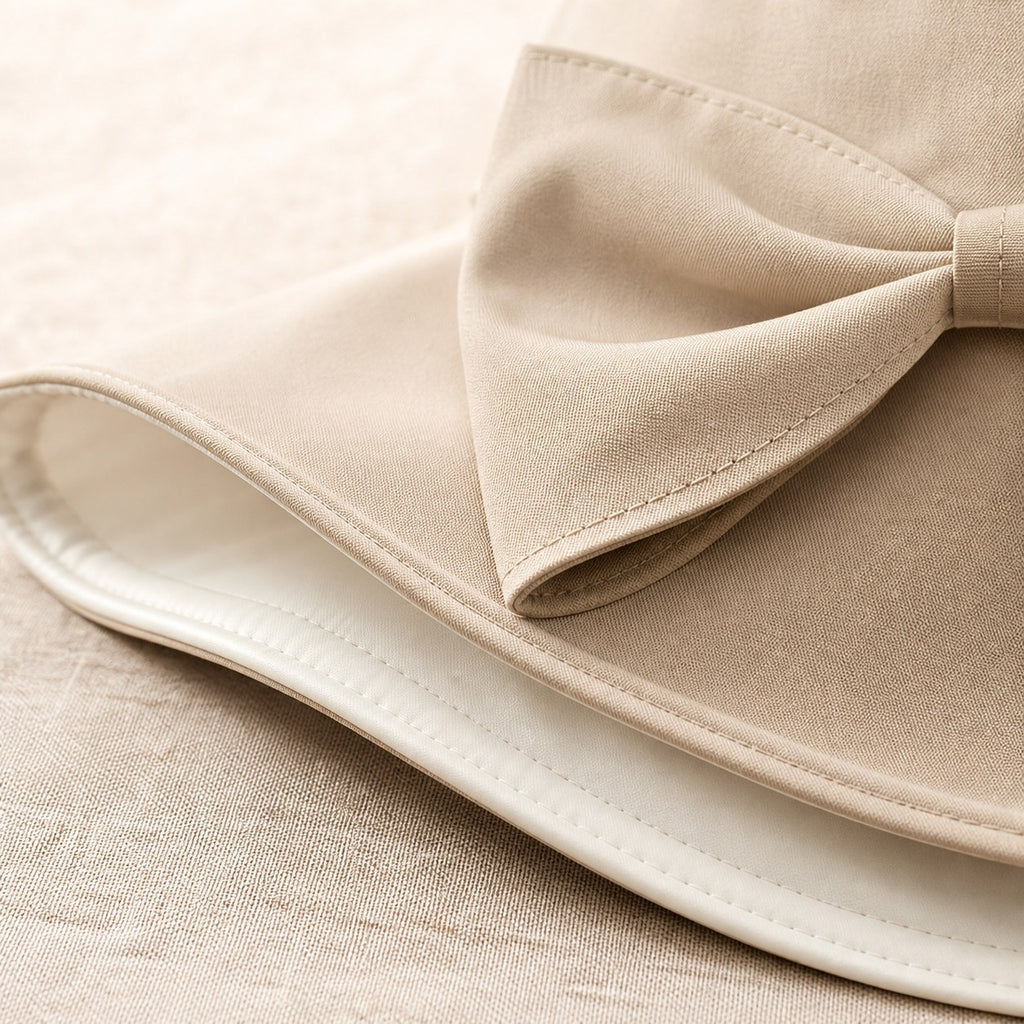 Close-up of beige bow sun hat fabric and stitching