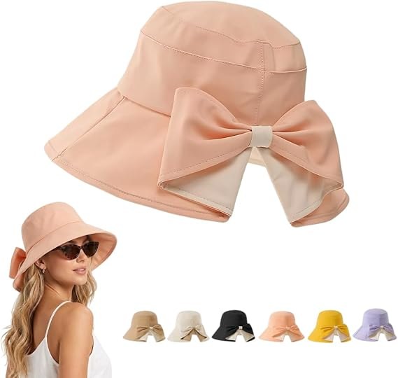 Peach pink foldable wide brim bow sun hat
