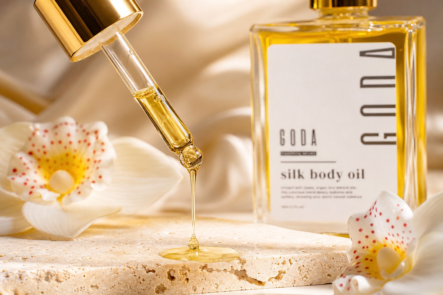 Golden body oil dropper texture close-up
