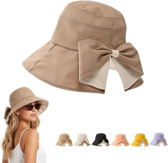 Warm khaki foldable wide brim bow sun hat