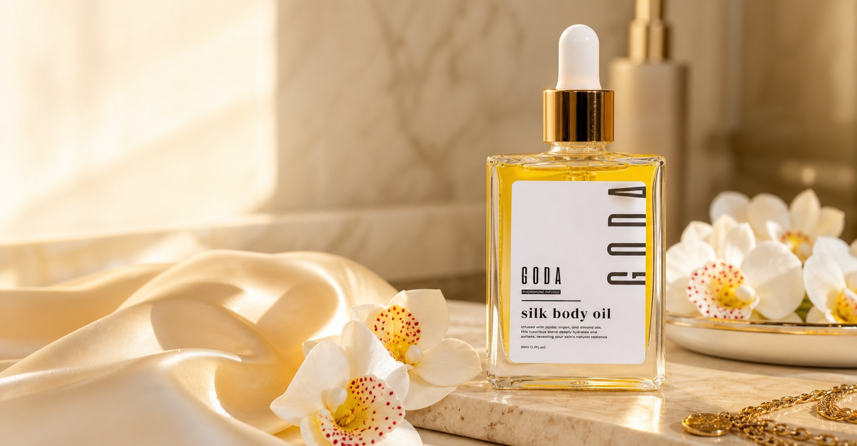 GODA Silk Body Oil bottle on a luxury spa vanity