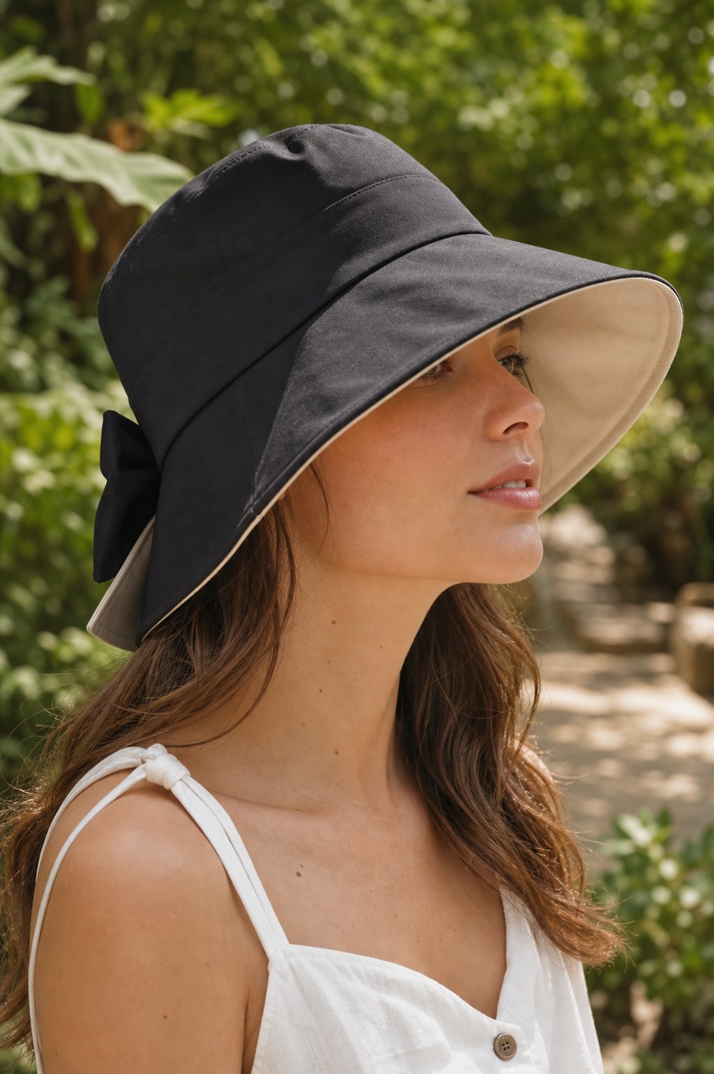 Black foldable bow sun hat shading the face in a garden
